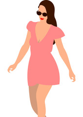 This vibrant vector illustration depicts a stylish and confident young girl with luscious dark hair, dressed in a chic and trendy short pink dress that exudes a playful and cheerful vibe. She adds a t