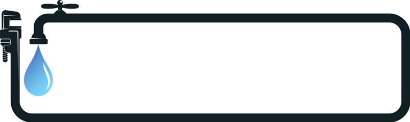 Blue water drop, water faucet and wrench, plumbing repair banner frame