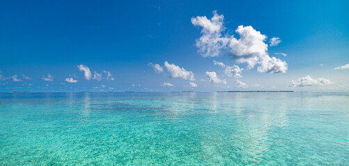 Relaxing seascape with wide horizon of the sky and the sea. Panorama of tropical beach seascape...