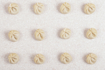 Uncooked dumplings on white table closeup. Homemade dumplings. Top view.