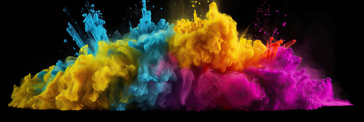 Fototapeta na wymiar Multicoloured holi powder explosion on a black background. Panoramic view. Generative AI