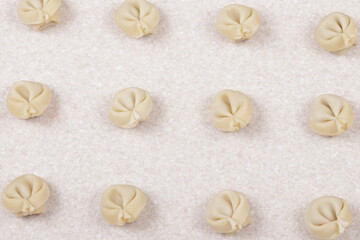 Uncooked dumplings on white table closeup. Homemade dumplings. Top view.