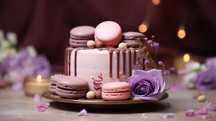 Birthday cake with candles on blur background