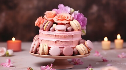Birthday cake with candles on blur background