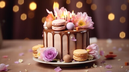 Obraz na płótnie Canvas Birthday cake with candles on blur background