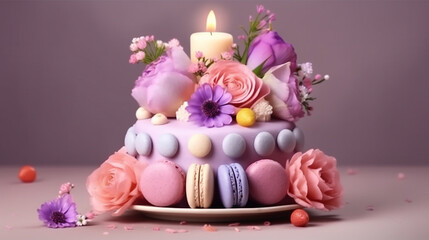 Fototapeta na wymiar Birthday cake with candles on blur background
