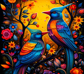 Bright and colourful birds with flowers, contrast folk art background