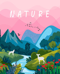 Nature and landscape. Vector illustration of mountains, trees, plants, fields and farms. For prints, cover or card designs, art decoration.