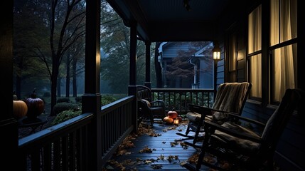 Halloween home decor with pumpkins and lanterns creating a magical atmosphere. Enchanting and spooky outdoor setup.