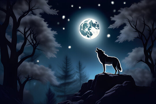 wolf howling at the moon in night with stars and trees in the forest