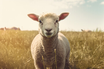 Fototapeta premium sheep green farm grass field meadow lamb wool sun animal. Generative AI.