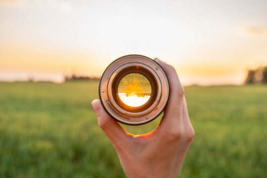 Looking to the green wheat field in the lights of evening sun. Point of view. Selective focus.
