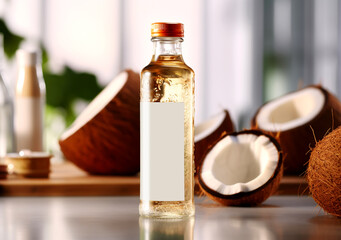 Obraz na płótnie Canvas Coconut palm oil in a bottle with coconuts on brown background. Aromatherapy, AI Generated