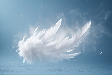 Generative ai: abstract lightly soft of white fluffly feather falling in the air - obrazy, fototapety, plakaty