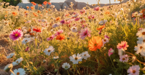 Fototapeta na wymiar background field pink flower sunset blooming nature beautiful meadow violet green. Generative AI.
