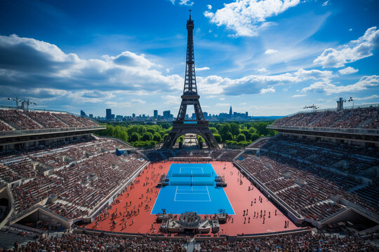 The tennis court in front of the Eiffel Tower
