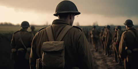 Rear view of a group of young soldiers marching across a muddy field. Generative AI