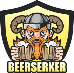 funny viking berserker with beer, logo design - obrazy, fototapety, plakaty