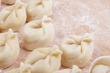 Fototapeta na wymiar Uncooked dumplings on the wooden board. Homemade dumplings closeup. Macro shot.