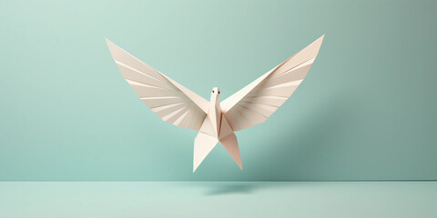 Minimalist representation of a dove, symbolizing peace and charity, constructed from origami folds, on a pastel - colored background, peaceful and serene