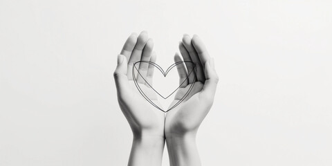 Naklejka premium Minimalist line art, a symbol of giving hands forming a heart, symbolizing charity and philanthropy, black lines on a pure white background, clean and striking composition, monochromatic