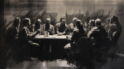 A charcoal sketch of a non - profit organization meeting, with faces passionately discussing and planning charity events, dramatic shadows and highlights, raw and powerful