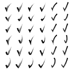 Brush hand drawn painted checkmarks set collection. Collection of hand doodle check marks ticks. Pencil black scribble sketches isolated on white background. Vector illustration.