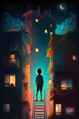 Obraz na płótnie Canvas A digital artwork featuring a boy standing on a ladder. City in night painting art. AI generated