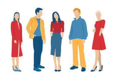  Set of young men and women, different colors, cartoon character, group of silhouettes of standing business people, students, the design concept of flat icon, isolated on white background