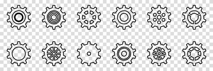 Simple Gear wheel collection. Cogwheel. Gears icon outline set. Setting gears icon. Machine gear icon vector set. Gear icons. Different style icons set. Vector illustration on a transparent background