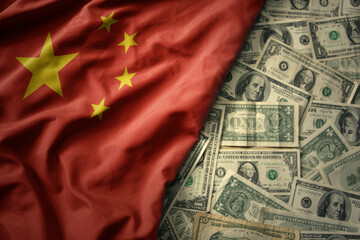 colorful waving national flag of china on a american dollar money background. finance concept - obrazy, fototapety, plakaty