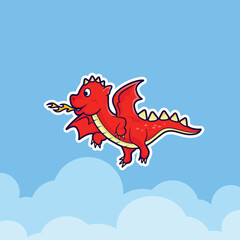 cute red dragon with blue sky background