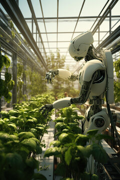 Android robot grows vegetables and greens in a large greenhouse, future farming technology, artificial intelligence, agricultural industry robotics solutions technology revolution