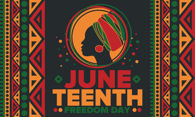 Juneteenth Independence Day. Freedom or Emancipation day. Annual american holiday, celebrated in June 19. African-American history and heritage. Poster, greeting card, banner and background. Vector