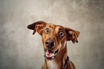 Funny surprised frightened dog on gray background