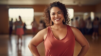 full-figured woman standing with confidence in a dance studio, Generative AI