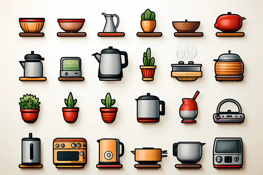 Set of vector icons that depict common household objects, such as furniture, kitchen utensils, electronics, and plants.