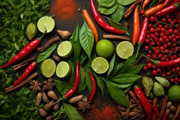 Fototapeta na wymiar Thai spices: chilli, pepper, garlic, nutmeg, and lime leaves