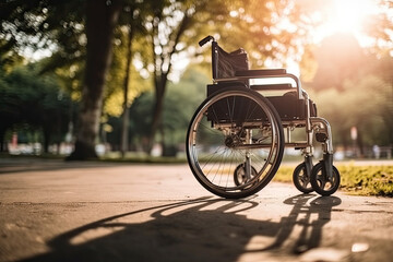 Empty wheelchair stands on path in park illuminated by sun