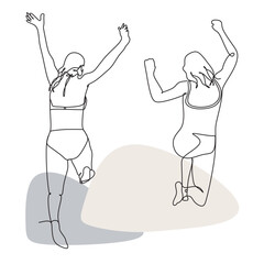 Girls jump into the water. Jump one line illustration. Vector.