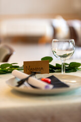 dining table decor for confirmation, or wedding, with nameplate in norwegian 