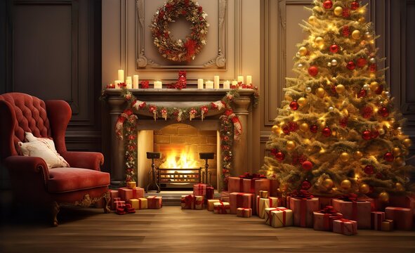Fireplace with Christmas tree, red and gold Christmas decorations with baubles and candles, gifts, room in castle design, noble wood paneling with decorations; Generative AI