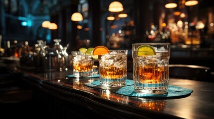 Cocktail with ice on bar counter in a restaurant, pub. Orange drink with juice. Fresh prepared alcoholic cooler beverage at nightclub. Showcases with bottles on dark background.AI Generative.