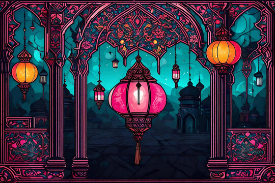 Ornamental Arabic lantern with burning candle glowing .