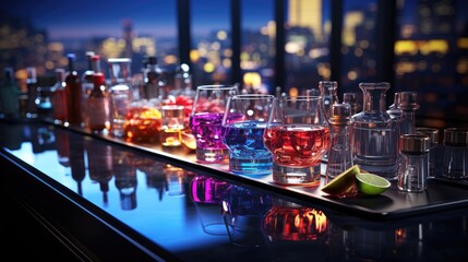 Cocktail with ice on bar counter in a restaurant, pub. Orange drink with juice. Fresh prepared alcoholic cooler beverage at nightclub. Showcases with bottles on dark background.AI Generative.
