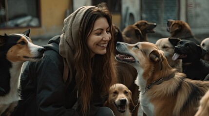 Smiling woman volunteer among pack of friendly dogs on street, happy woman glad to meet with homeless dogs near dog kennel, walking dogs on street with favorite pets concept, generative AI