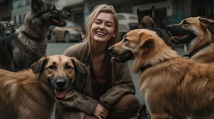 Smiling woman volunteer among pack of friendly dogs on street, happy woman glad to meet with homeless dogs near dog kennel, walking dogs on street with favorite pets concept, generative AI