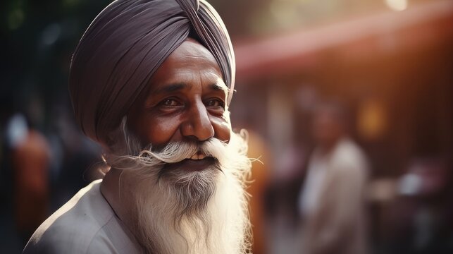 Happy old sikh indian man in pagri headwear portrait walking on street, smiling elderly man wearing turban adherent of Sikhism religion, joyful attractive bearded sikh portrait at street generative AI