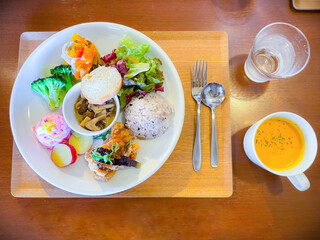 Healthy traditional Japanese set meal lunch served on the table in the Japanese Cafe .