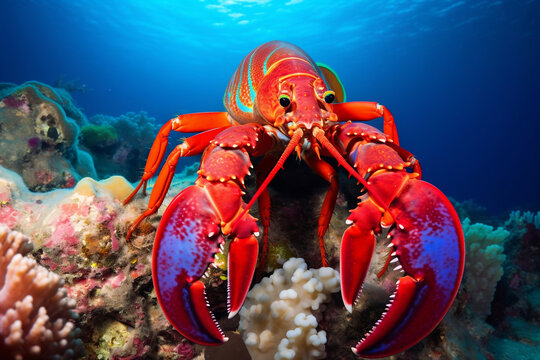 photo of a beautiful lobster behind is colorful coral take